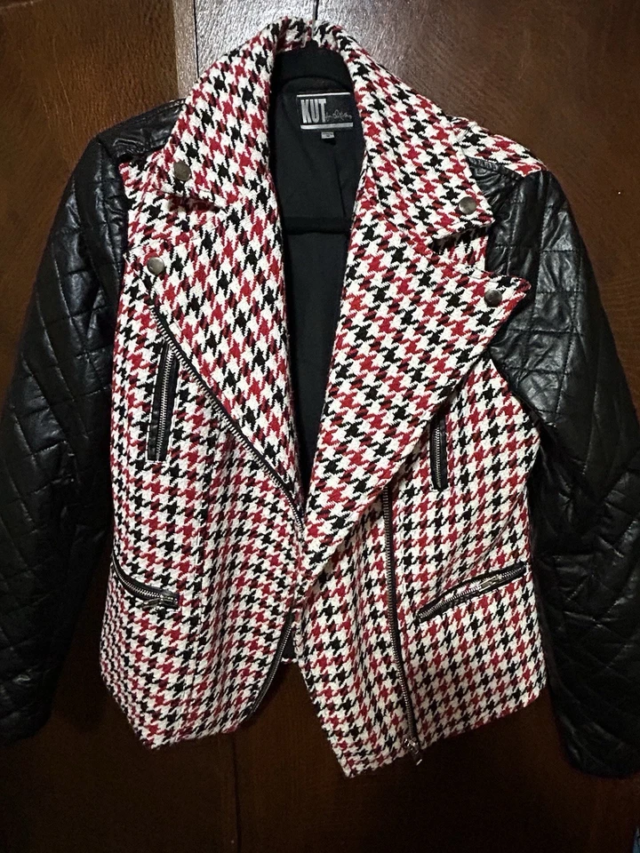 Kut From The Kloth Black Red & White Houndstooth & Faux Leather Jacket Size M - Image 3 of 4
