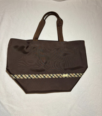 DAKS England Large Tote Bag Brown Plaid Trim Vintage