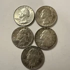 Estate Sale Lot Of Five Washington Quarters 1964 Each Coin 90% Silver Content.
