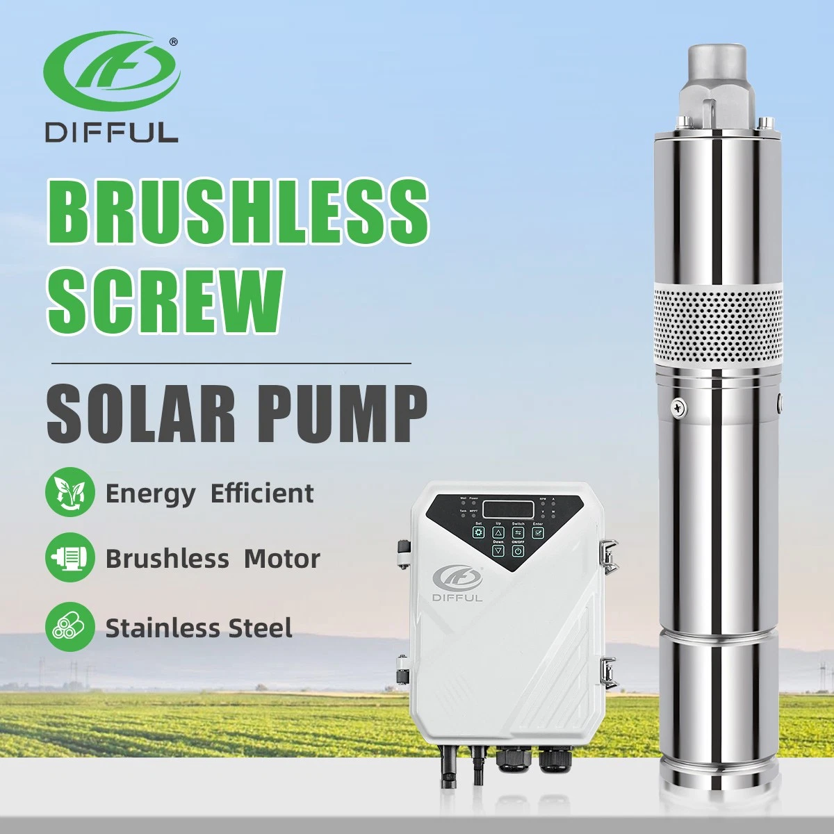 DIFFUL 4" DC Screw Well Solar Bore Pump 48V 600W Controller Submersible