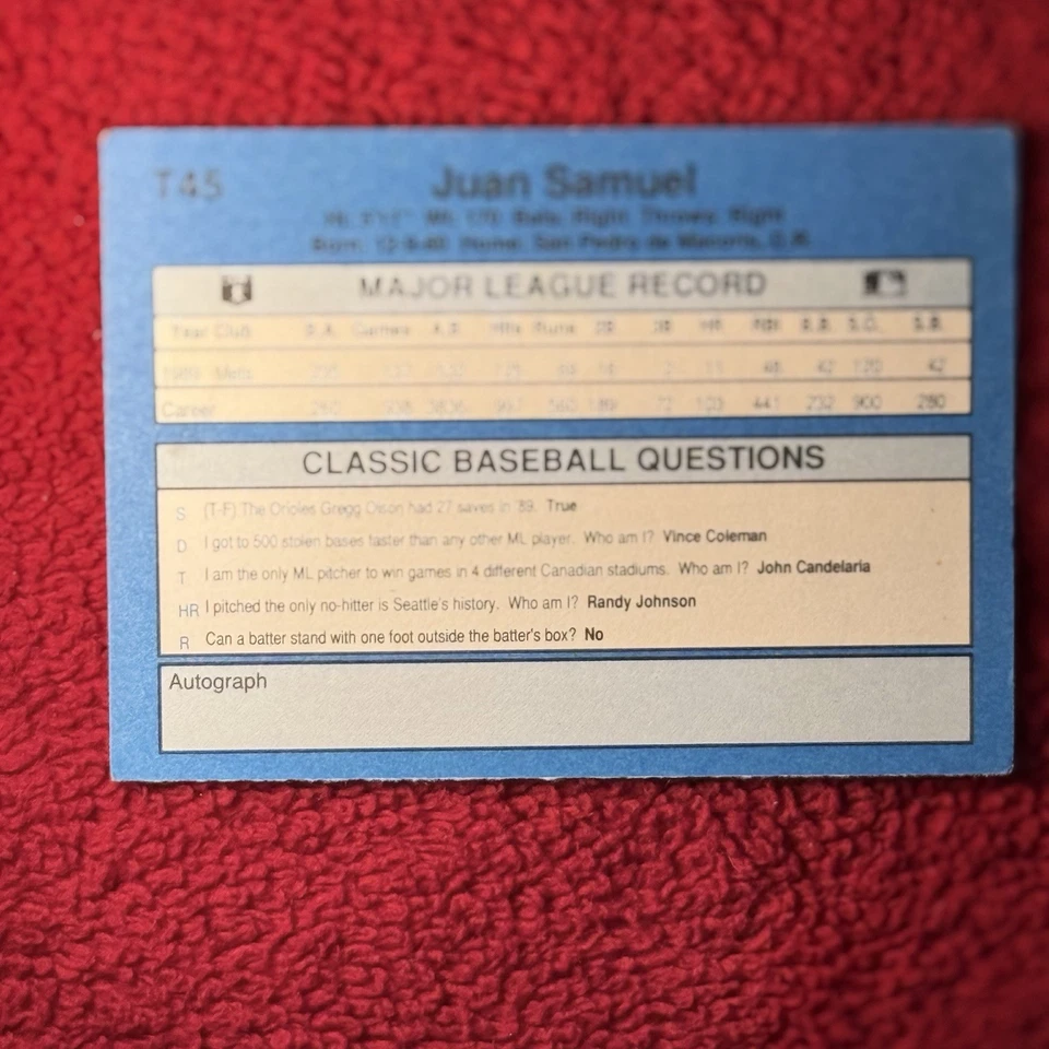 Vintage Juan Samuel LA Dodgers Classic MLB Baseball Sports Trading Card T45 - Image 2 of 4