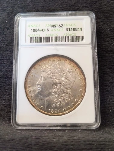 1884 O $1 Morgan Dollar ANACS Soapbox MS62 Rim Toning