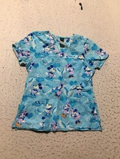 Disney Mickey Mouse Scrub Shirt Womens M Medium Blue White Graphic V Pockets