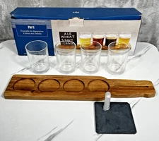 Pier 1 Beer Flight with Slate Set w/ 4 oz Glasses Chalk Wood Tray *picture*