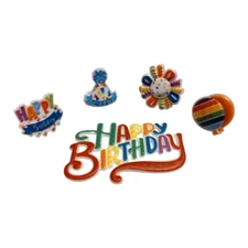 5 Piece Birthday Cake Topper Set Plactic Multicolored Hat Flower Baloon Ring New