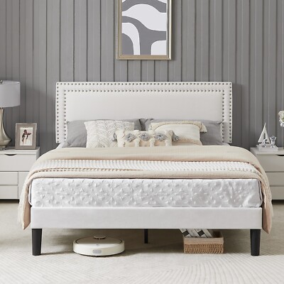 Upholstered Twin/Full/Queen Size Bed Frame Platform with Headboard Wooden Slat