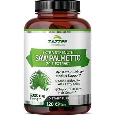 Zazzee Extra Strength Saw Palmetto 201 Extract 6000 mg Strength 40% Fatty Aci...
