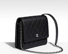 CHANEL Classic Black Leather Square Wallet On Chain With Silver Hardware