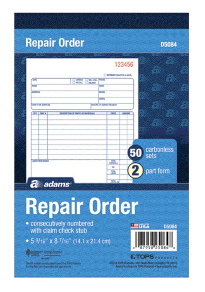 Adams Repair Order Book, 59/16 x 87/16, White, 2Part Carbonless, 50 Sheets eBay