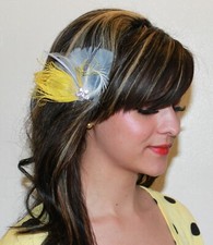Fascinator feather clip yellow grey gray peacock bridal photo prop headdress