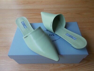 $750 Prada Spazzolato Logo Print Pointy Toe Mules Mint Leather sz 40 US 10 NIB