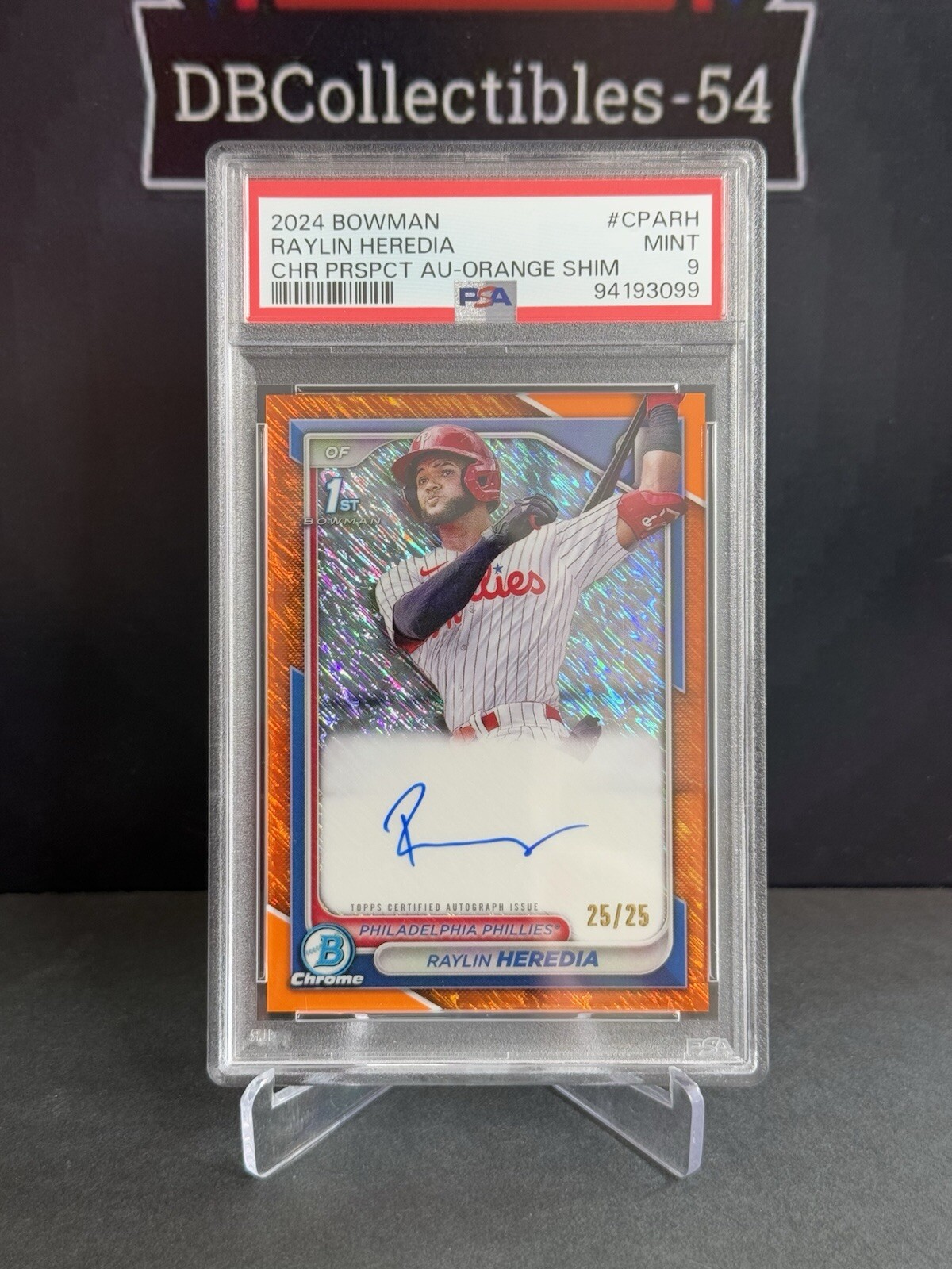 2024 Bowman Chrome Raylin Heredia 1st Orange Shimmer Auto /25 PSA 9 Phillies