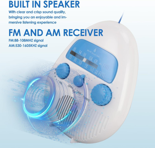 AM FM Shower Radio Built in Speaker, Waterproof Hanging Bathroom White ...