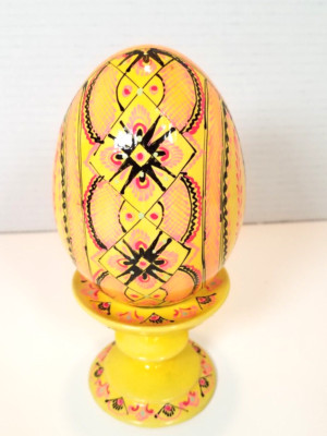 Large Solid Wood Hand Made  and Painted Easter Eggs With Stand  6.5'' tall