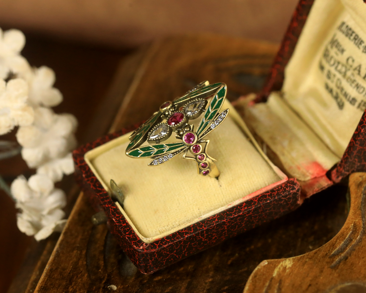 Bague Réglable En Vermeil Argent 925 - Style Art Nouveau Avec Libellule Et CZ - Neuf Sans Boîte