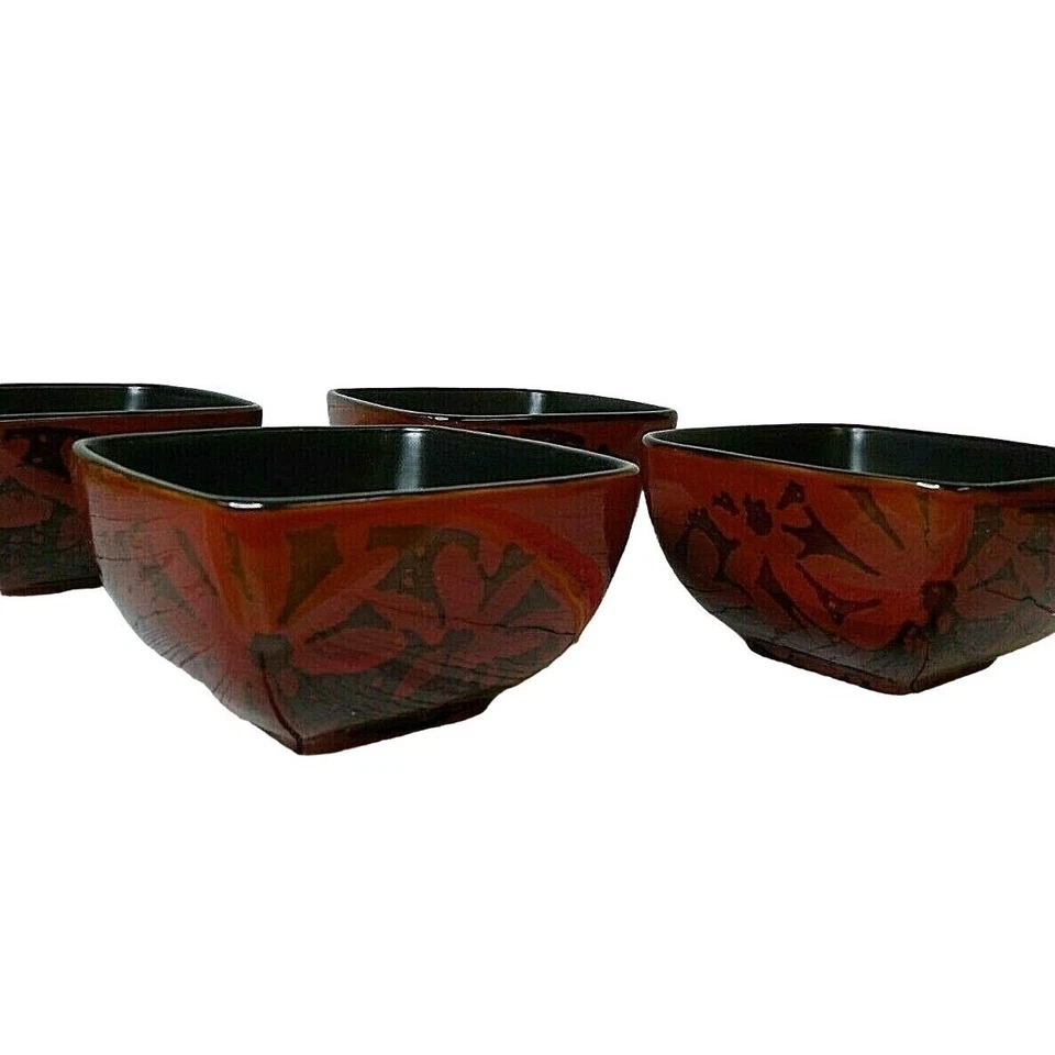 Gibson Everyday 4 tazones cuadrados para ensalada de arroz sopa roja floral negra mate interior Foto 2 de 4