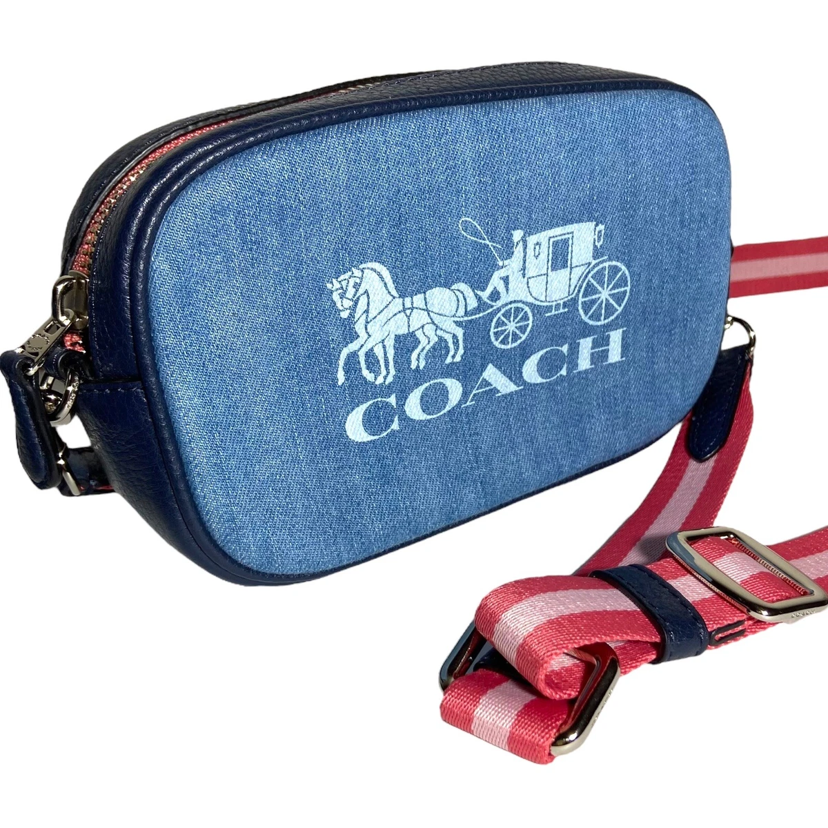 COACH Jes Crossbody Purse Bag Blue Denim Genuine Leather Convertible Belt Small