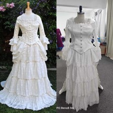 Medieval White Ivory Wedding Dresses High Neck Tiered Ruffled Satin Bridal Gowns