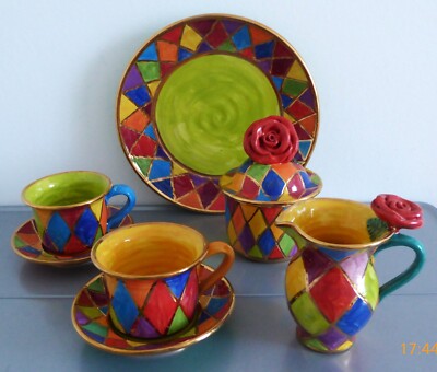 MARY ROSE YOUNG ''Harlequin'' / Kaffee-Set 7 tlg 2Pers / signiert 2003 / ungenutzt
