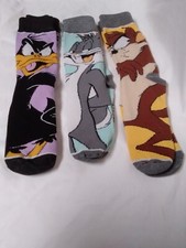  3 pair of looney toons mid-crew socks daffy/taz/bugs size 7-12