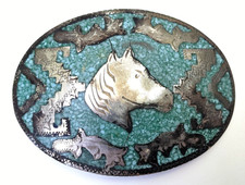 Vintage Ethnic Alpaca Silver Inlaid Crushed Turquoise Western Horse Belt Buckle