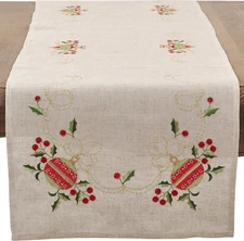 Embroidered Ornament Design Linen Blend Table Runner, Natural, 16"X72"