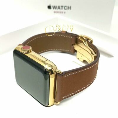 24K Gold Plated 42MM Apple Watch SERIES 3 Brown Leather Band Custom Wooden Box