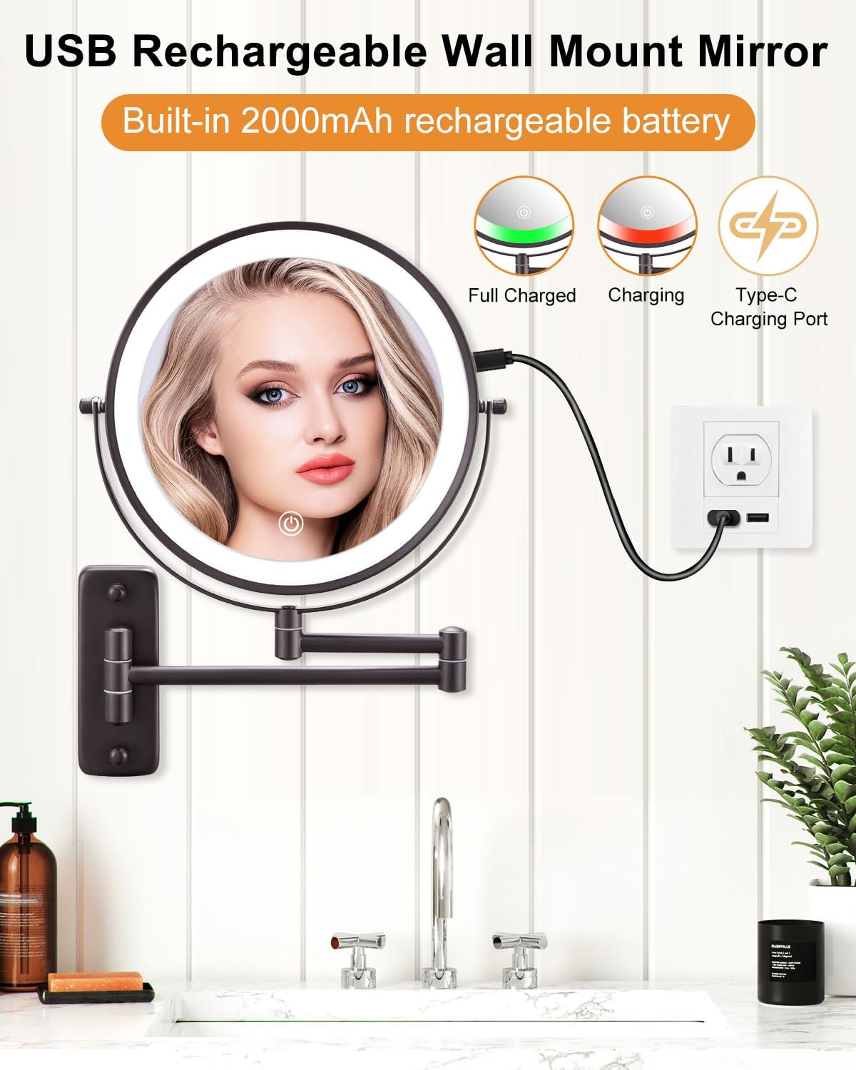 9 Inch LED Makeup Mirror Double-Sided 1x 10x Magnification Touch Dim 360� Bronze-image