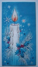 White candle in pines holly & snowflakes vintage Christmas greeting card *HH21
