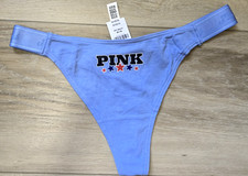 NWT Victoria's Secret PINK Blue Patriotic Logo Strap Thong String Panties M