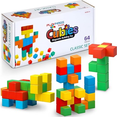 Playmags Magnetbausteine Bauspielzeug, 64 Stück Magnetwürfel MINT Spielzeug für Kleinkind