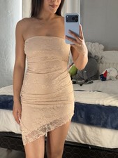 Fashion Nova Strapless Lace Ruched Bodycon Mini Dress Beige/Pink Size M