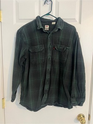Levi s XL Green Black Plaid Heavyweight Flannel Shirt 100% Cotton Relaxed Fit