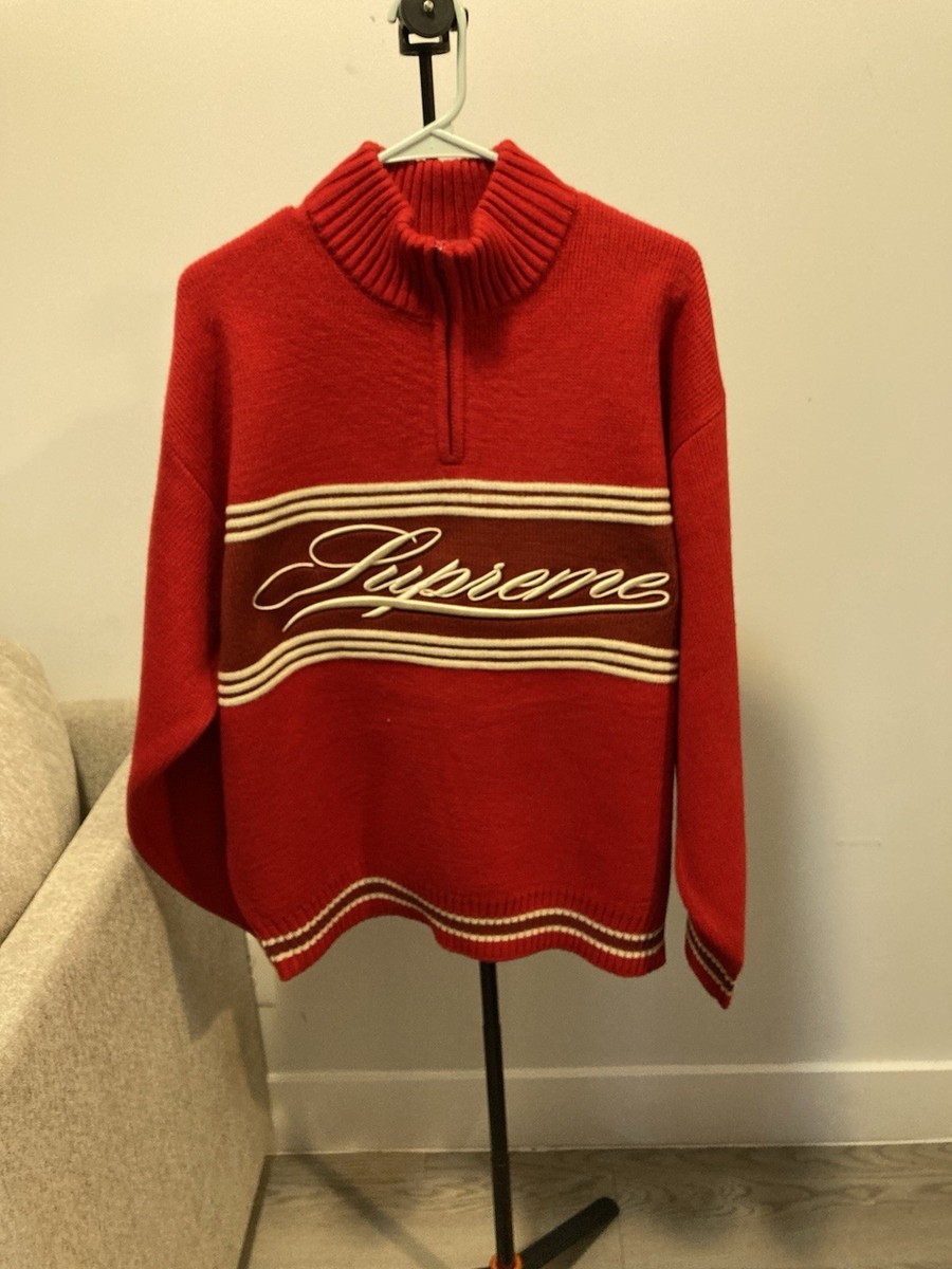 Supreme Script Half Stripe Sweater Red | eBay