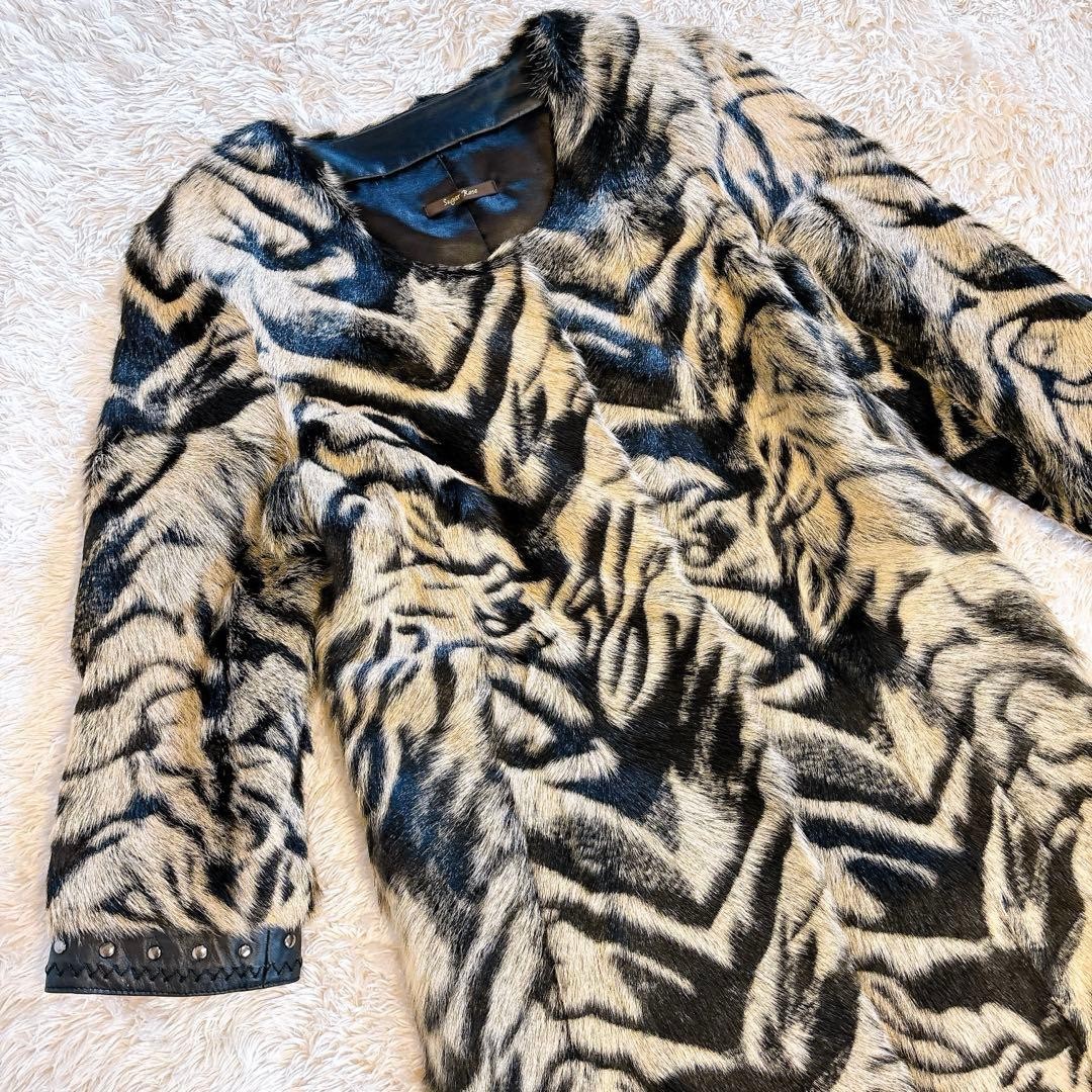SUGAR ROSE Goat Fur & Lamb Leather Animal Studs 3/4 Sleeve Coat Collless M Size