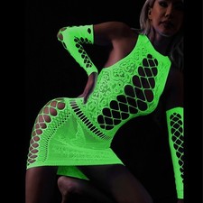 Glow in Dark Fishnet Lingerie Bodystocking Neon White Clubwear Dress One Size