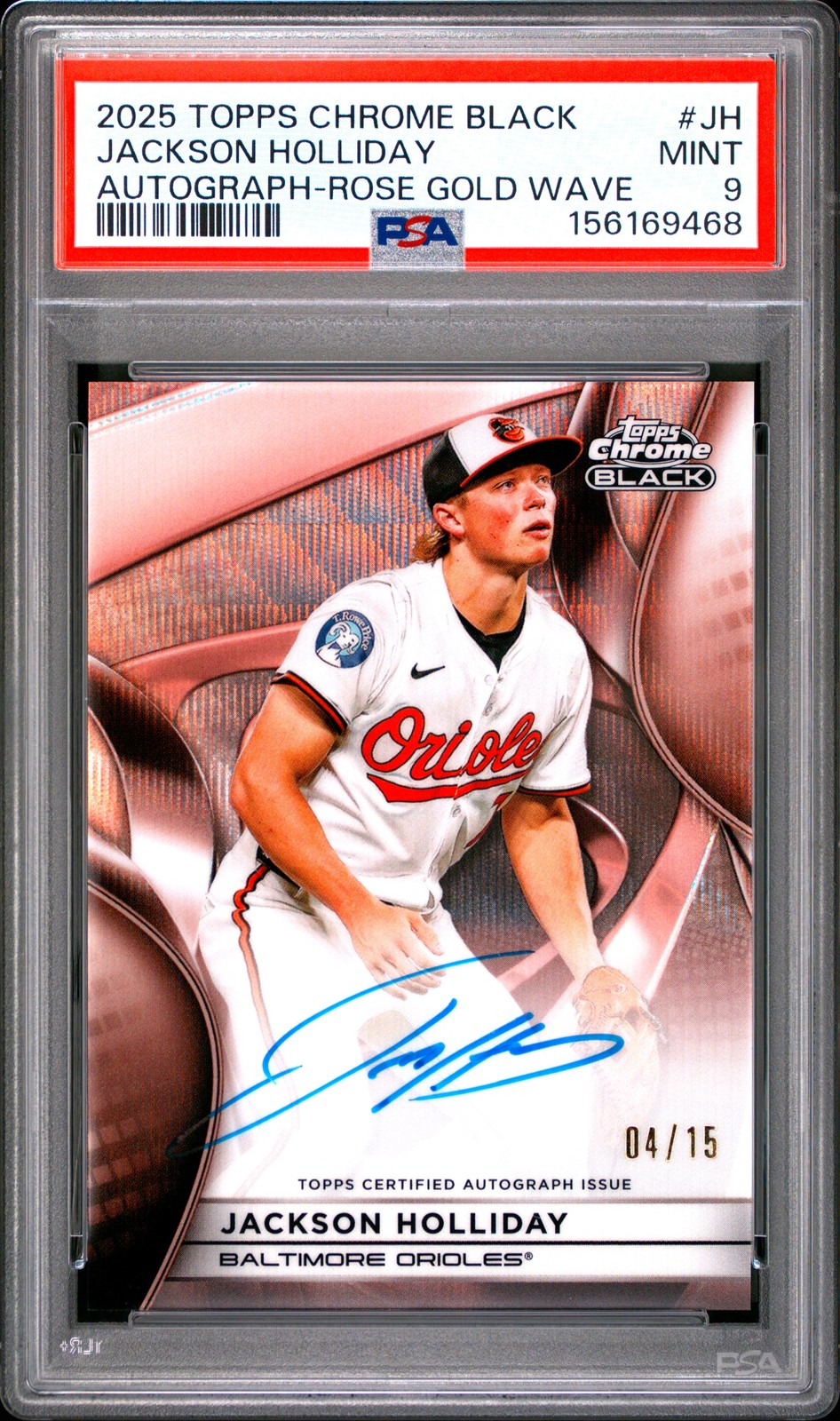 2025 TOPPS CHROME BLACK AUTO ROSE GOLD WAVE #JH JACKSON HOLLIDAY 4/15 PSA 9 view 1