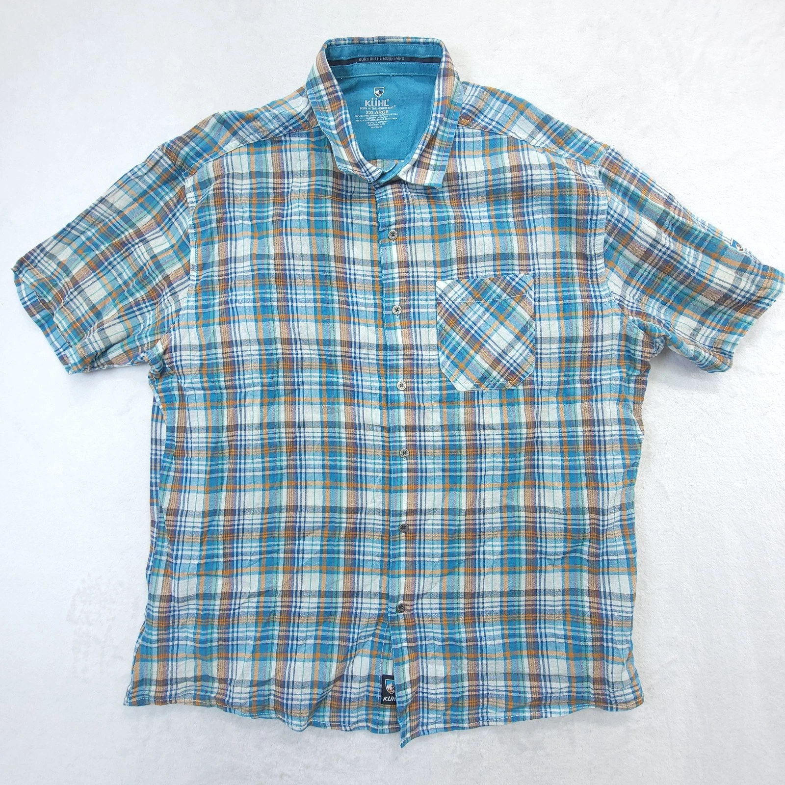 Kuhl Short Sleeve Shirt Mens Size XXL Blue Plaid Button Up Light Outdoor Hiking