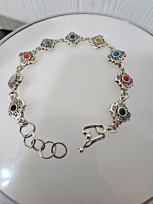 Vintage CHacana INCA CROSS bracelet .950 SILVER 7-8'' 11.22gr multicolor stone