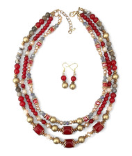Multi-strand Layered Red Golden Beads Everyday Casual Chic Elegant Necklace