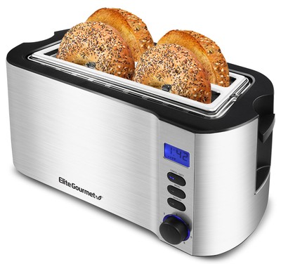 Elite Gourmet 4 Slice Stainless Steel Toaster with Wide Slots and Bagel Function