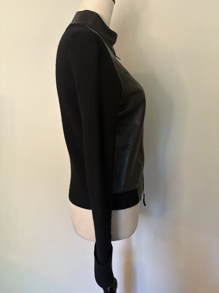 White + Warren Lambskin Leather Merino Wool Full Zip Black Jacket Moto Sz Small - Image 4 of 4