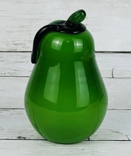 Vintage Hand Blown Green Pear 4.25" Decorative Fruit Art Glass Murano Style