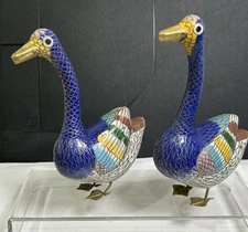 VTG. Cloisonné Goose Duck Standing Brass Footed Set Of 2 1980’s 5.5” Tall X 3.5”
