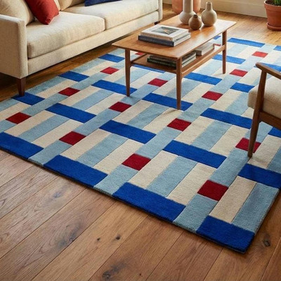 Luxury Geometric Area Rug, Modern Blue Red Wool Hand Tufted Living Room Carpet