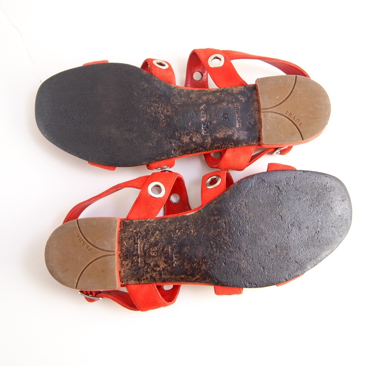 Prada Grommet Sandals Opon Toe Strappy Red Suede Womens US 9 EU 39