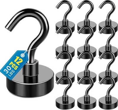 12 Pack Magnetic Hooks Heavy Duty 30lbs+ Cruise Cabin Fridge Hooks Black