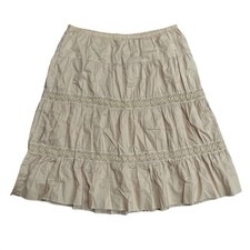 Tan Beige Tiered Midi Skirt Crochet Lace Trim Elastic Waist Boho Cottagecore