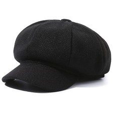 Retro Wool Blend Newsboy Caps for Women Winter Warm Octagonal Medium Black-nb