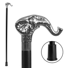 Elephant Head Walking Stick Silver Handle 36" Wood Shaft Sturdy Gentleman's Cane